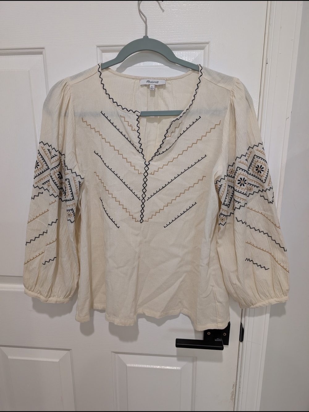 Madewell Cream Tunic with Black and Tan Embroidery